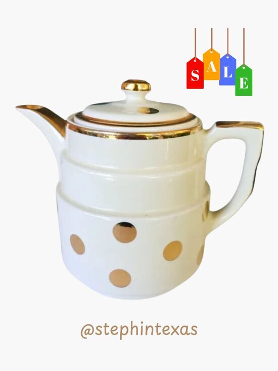 Vtg. MCM Hall's Superior Quality Ivory & Gold Polka Dot Tea/Coffee Pot